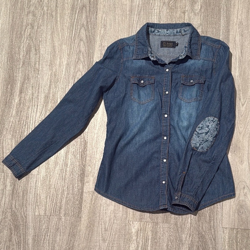 Ci Sono Denim Long Sleeve Shirt with Patterned Elbow Patch
